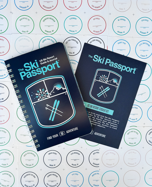 The Ski Passport journal and the resort sticker set with ski resort stickers in the background bundle