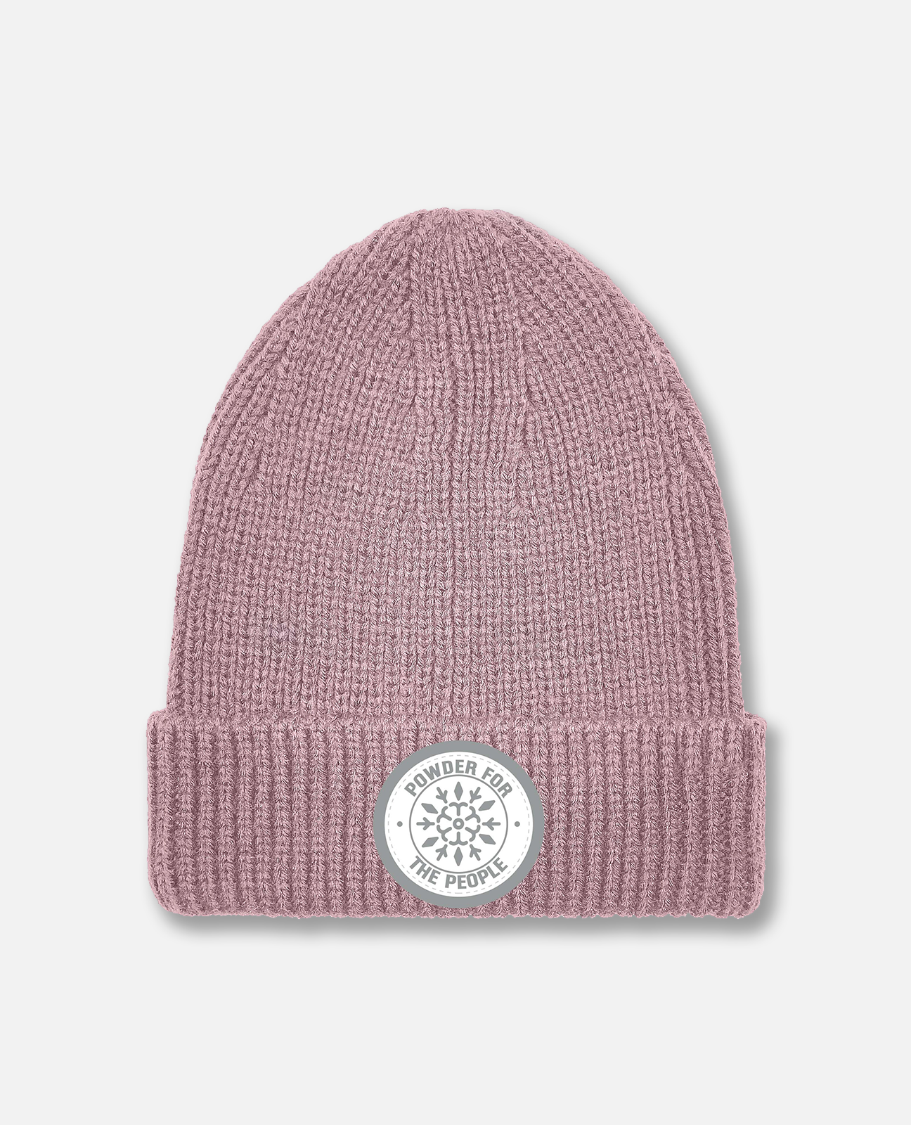 Pink winter beanie with gray Powder the People snowflake graphic