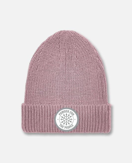 Pink winter beanie with gray Powder the People snowflake graphic
