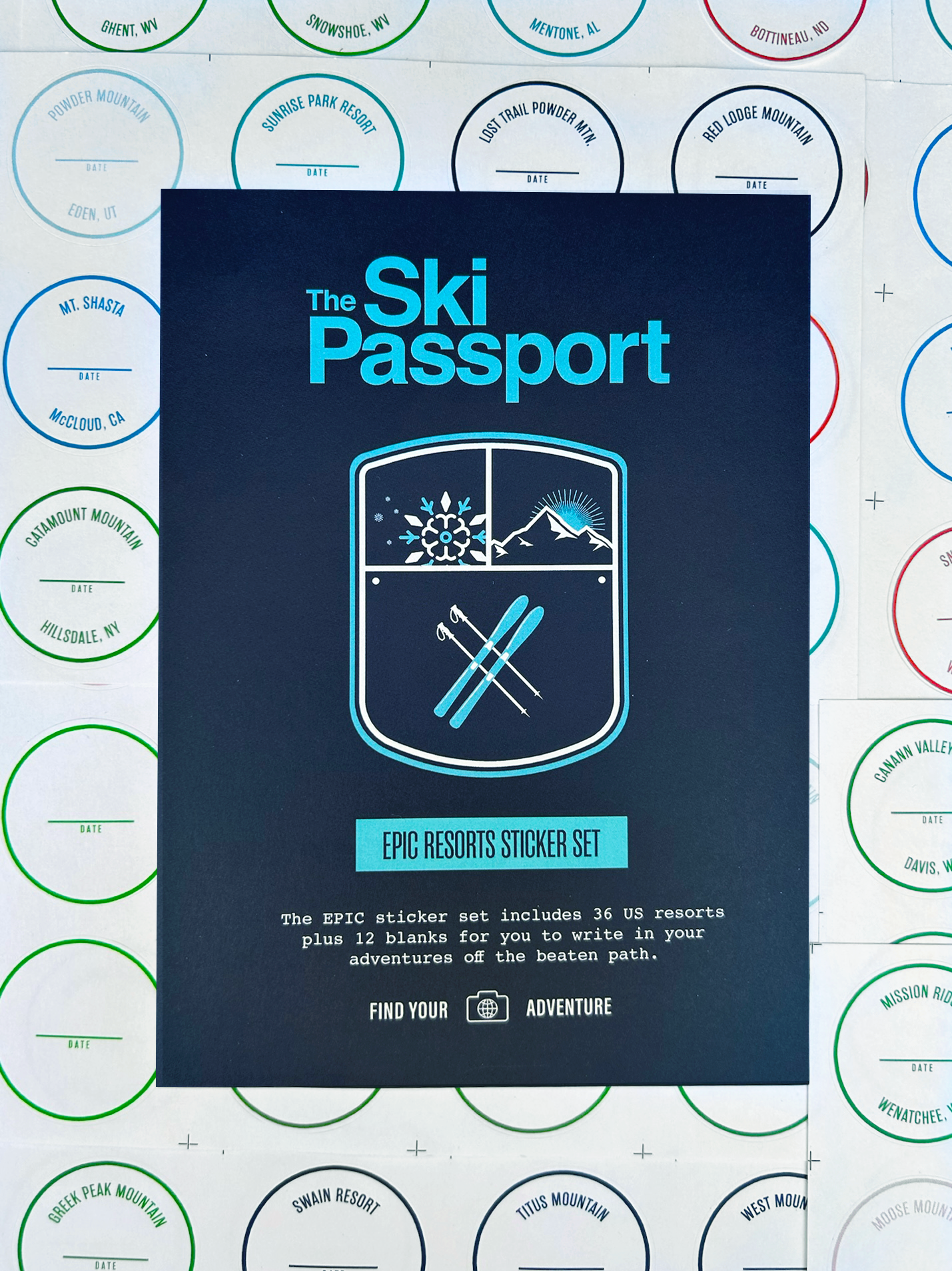 The Ski Passport Epic ski resort sticker set with ski resort stickers in the background