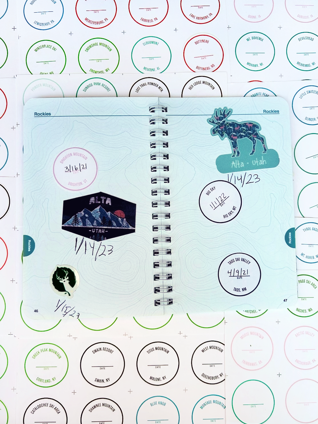 The Ski Passport Journal sticker page example