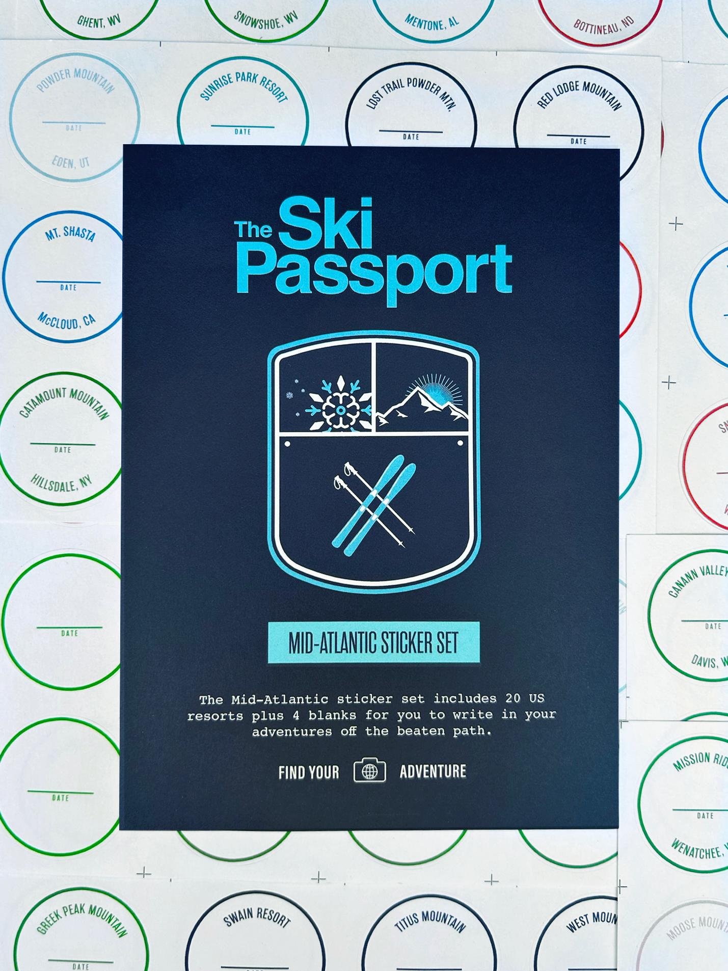 The Ski Passport Mid-Atlantic ski resort sticker set with ski resort stickers in the background