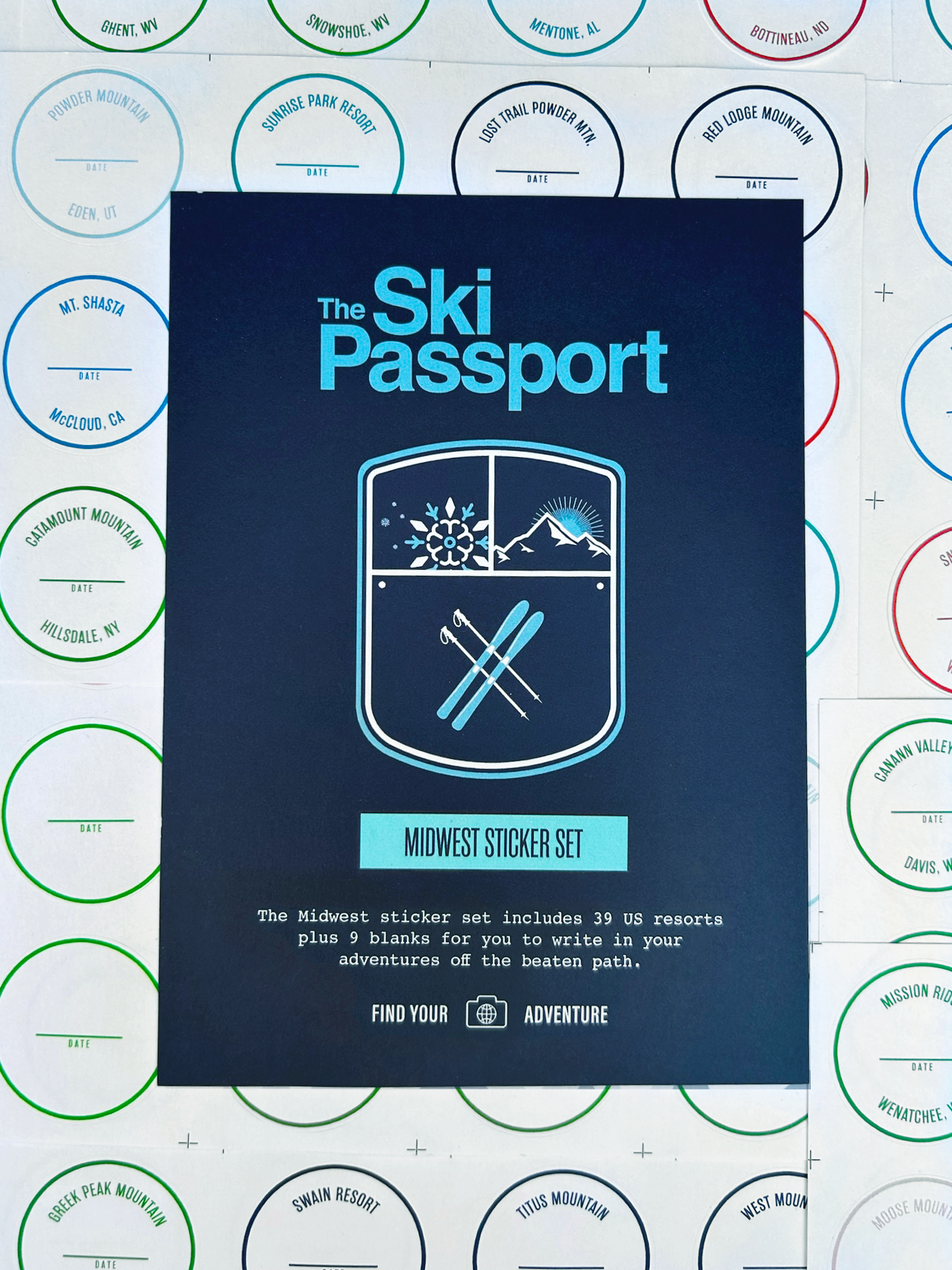 The Ski Passport Midwest ski resort sticker set with ski resort stickers in the background