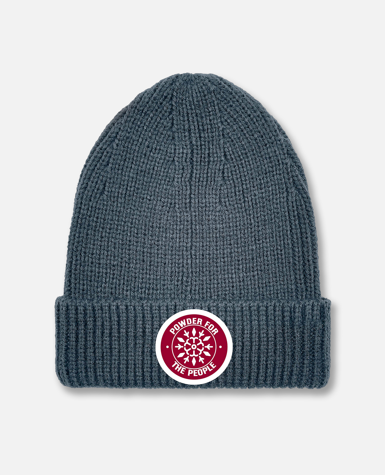 Denim-colored winter beanie with red Powder the People snowflake graphic