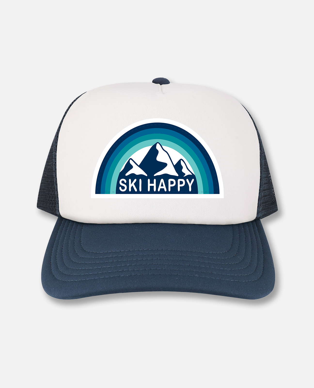 White and navy trucker hat with Ski Happy blue rainbow mountain graphic