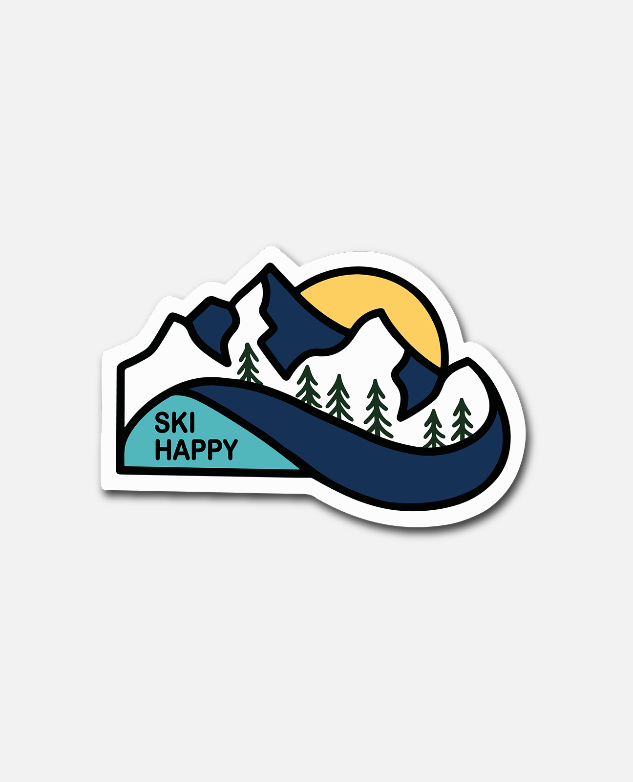 Sticker with Ski Happy and graphic of a mountain swoop and sunshine