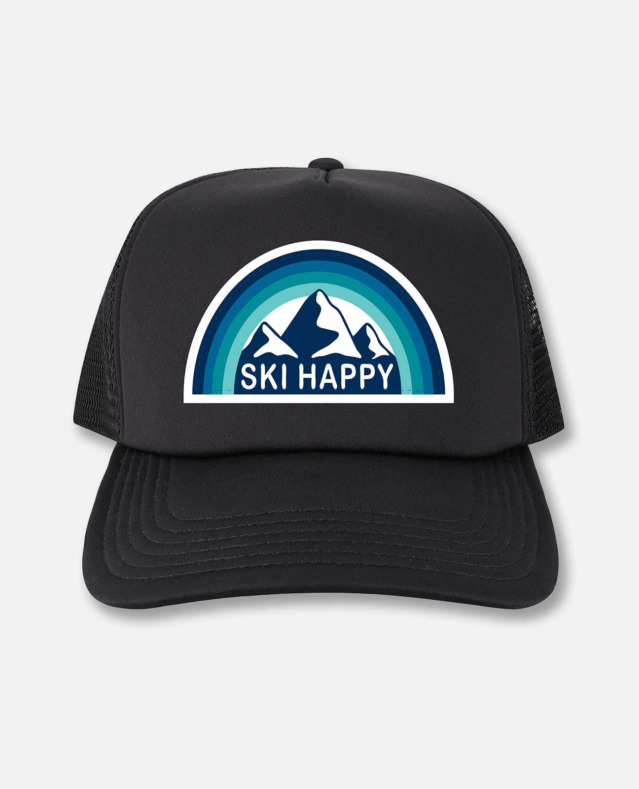 Black trucker hat with Ski Happy blue rainbow mountain graphic