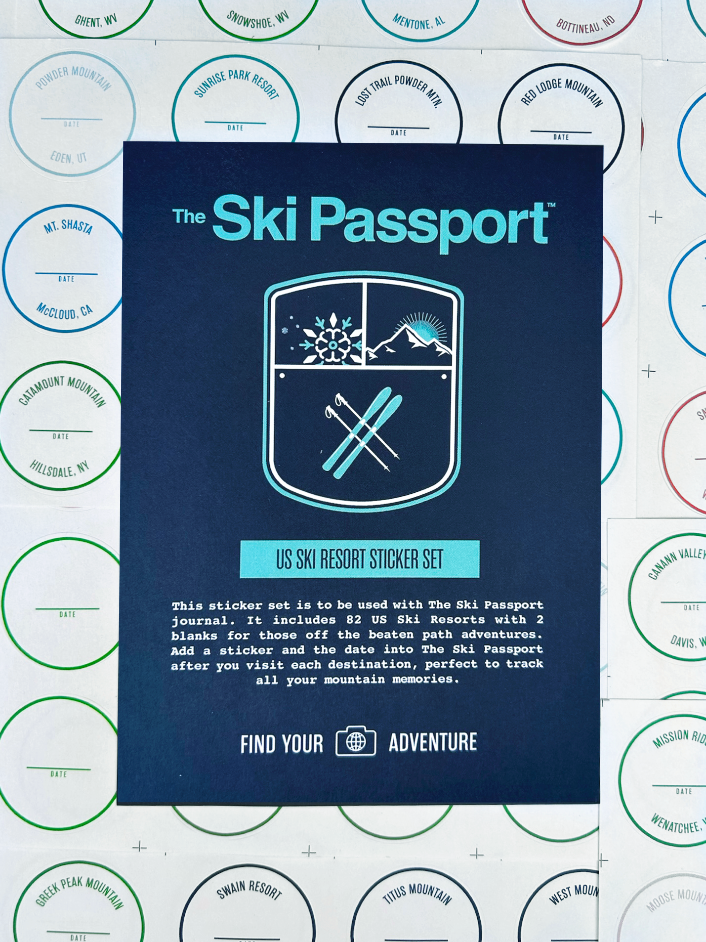 The Ski Passport United States ski resort sticker set with ski resort stickers in the background