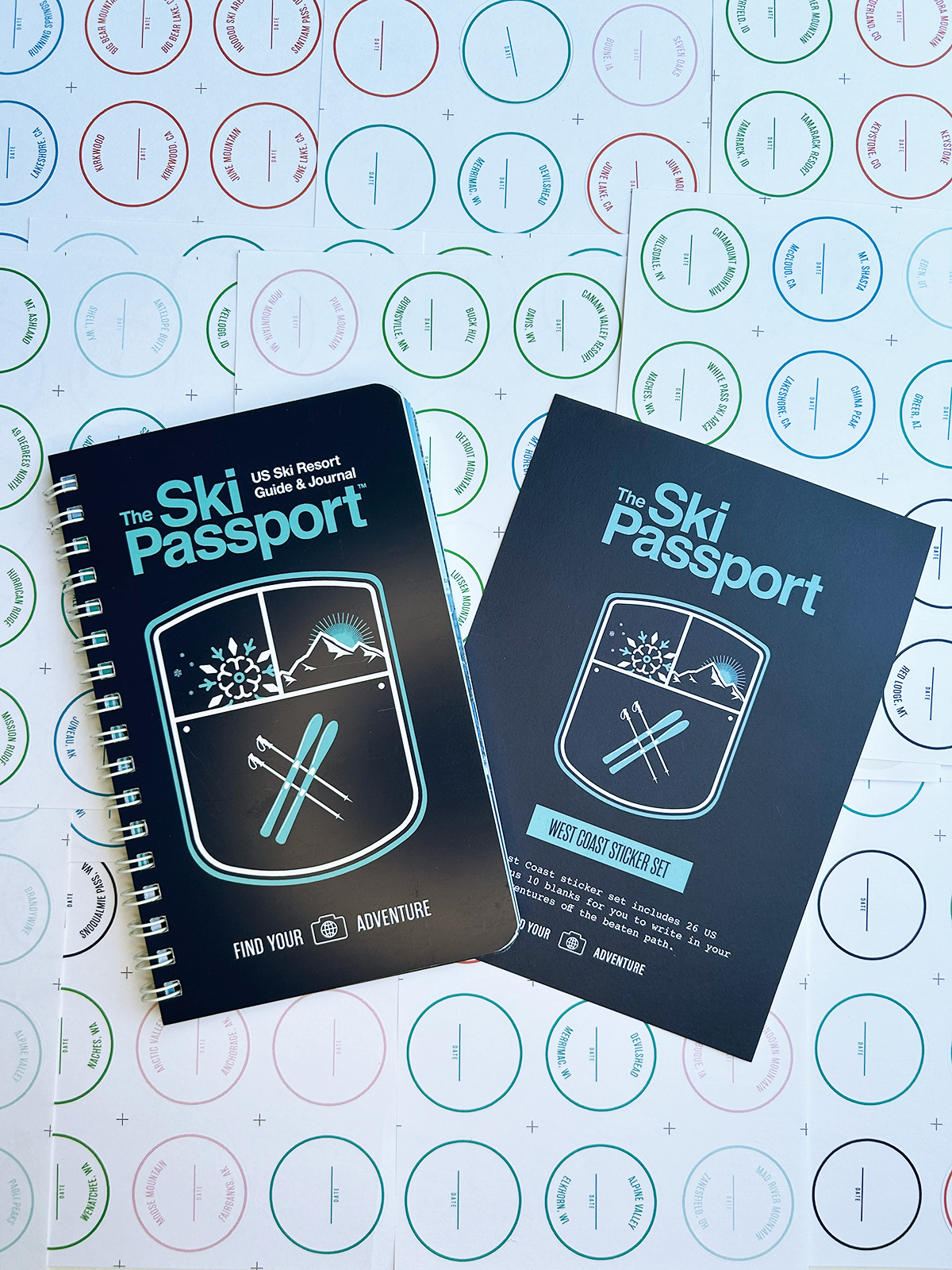 The Ski Passport journal and the west coast resort sticker set with ski resort stickers in the background